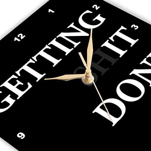 3dRose Wall Clock Silent - 15 inch - Getting Shit Done with The sh Faded. Bold White Lettering on Black. - Stamp City - Typography 4