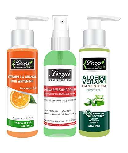 LEEYA HERBALS WHITENING SKIN CARE ROUTINE REGIME CTM KIT FOR OILY SKIN WITH VITAMIN C SKIN WHITENING FACE WASH 100 Gm + ALCOHOL FREE SKIN TONER FOR OILY SKIN 100 GM + ALOEVERA GEL FOR FACE 100 Gm 1
