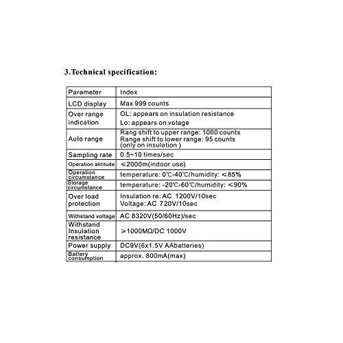 Electronic Multimeter, Insulation Resistance Tester, Digital Megohmmeter, 100-2500V AC/DC Voltage Insulation Tester, Ohm Meter for Laboratory, Factory and Home(Battery NOT Included) 6