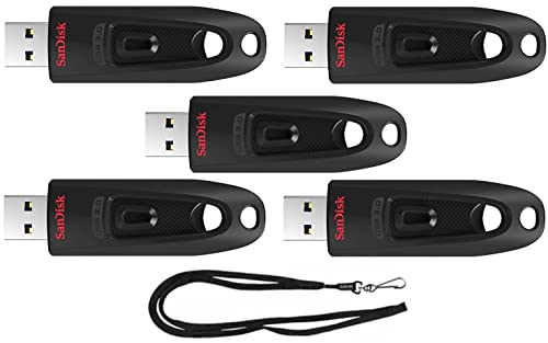 SanDisk 16GB Ultra 130MB/s USB 3.0 Flash Drive SDCZ48-016G Bundle with (1) GoRAM Black Lanyard (16GB, 5 Pack)