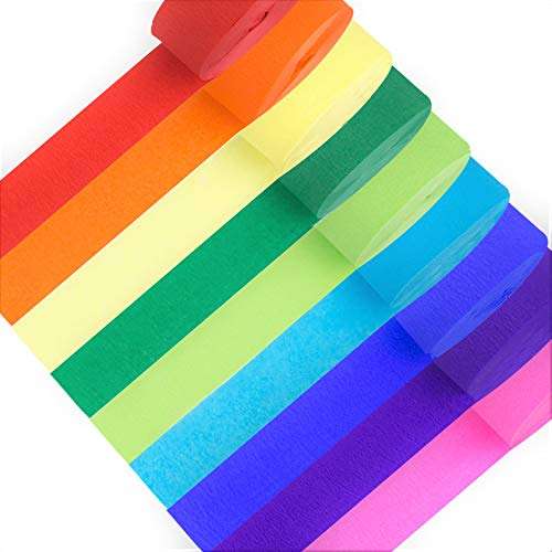 98.4 Feet Crepe Paper Streamers | Pack of 9 Color Rolls | Party Rainbow Decorations in Red, Orange, Yellow, Green, Blue & Purple | Fun Colorful Birthday, Booth Backdrop, Wedding Ceremony, Festival & Event Decor