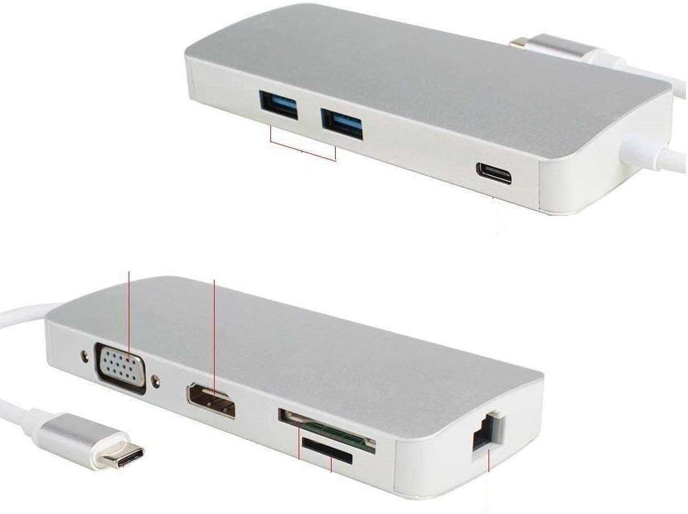 Famous Quality® USB Type C 8 in1 USB C Hub Adapter with HDMI Port + VGA Port + Gigabit Ethernet Port RJ45 + USBC Power Delivery + 2 USB 3.0 + TF/SD 5