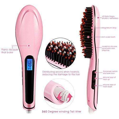 CR Enterprise® Fast Hair Straightener Straightening Comb Brush With Temperature Nano 3 In 1 Straightening LCD Screen With Temperature Control Display (Pink) 3
