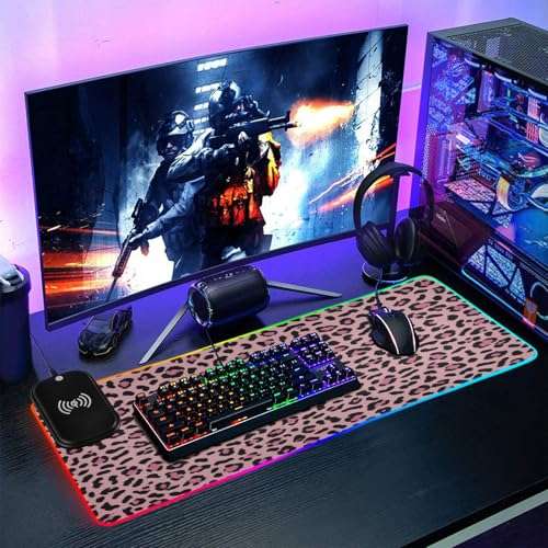 CZXW Charming Leopard Gaming Mouse Pad Led Mousepads RGB Backlit with 14 Lighting Modes, Non Slip Base Soft Computer Keyboard Mat for Gaming PC Laptop Desk, S 6