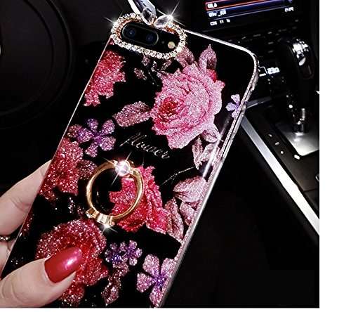 iPhone 8 Plus Case,iPhone 7 Plus Glitter Case,ikasus Bling Rhinestone Diamond Glitter Sparkle Ring Kickstand Roses Pendant Soft Silicone TPU Bumper Protective Cover Case for iPhone 8 Plus / 7 Plus, 1 3
