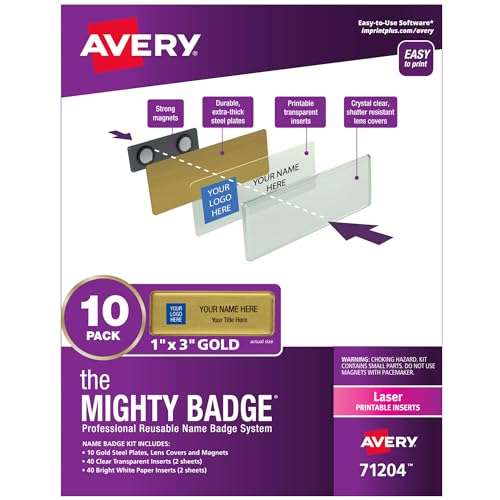 The Mighty Badge by Avery, 1" x 3" Gold Name Tags, 10 ID Badges, 80 Inserts for Laser Printers (71204) 1