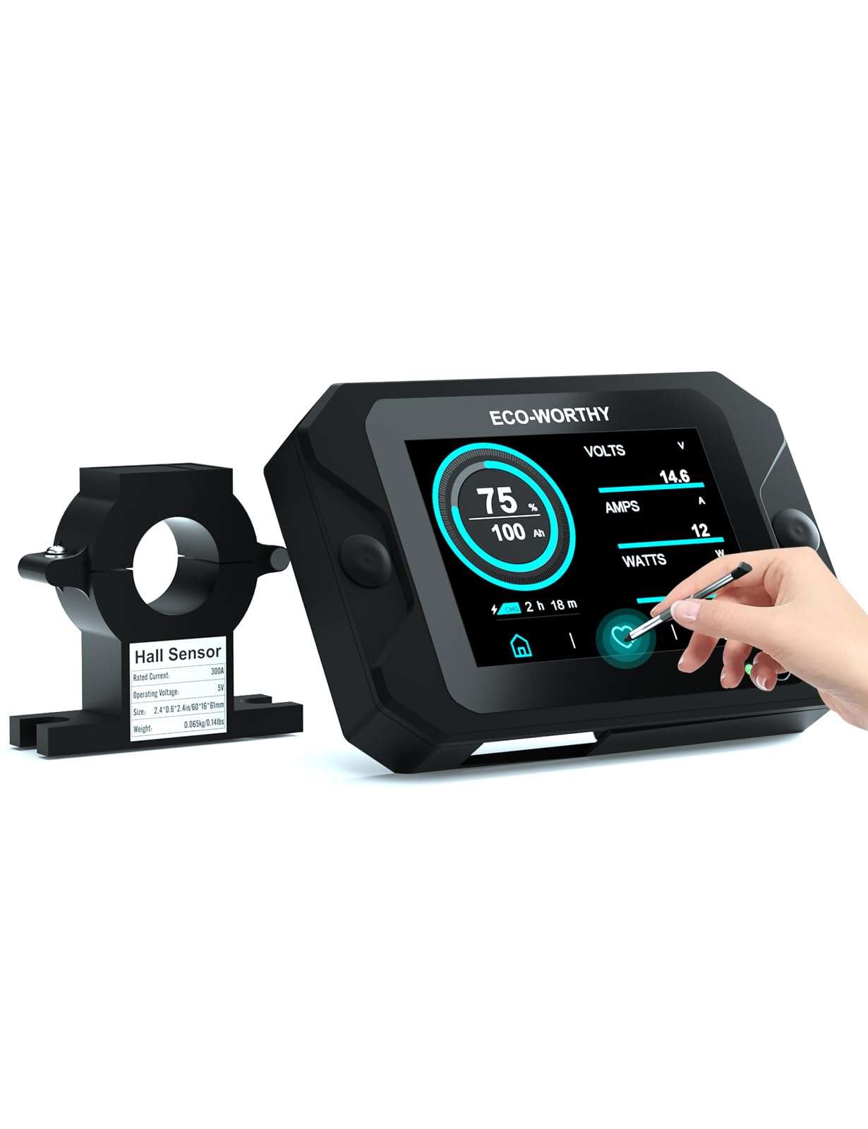 ECO-WORTHY Battery Monitor with Hall Sensor, 300A Touchable Backlight Display with Programmable Alarm for 9-80V LiFePO4/AGM/Gel Battery RV Golf Cart Off-Grid Houses 1