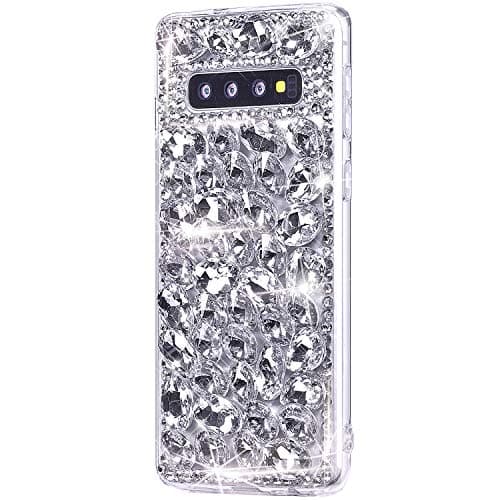 Galaxy S10 Plus Case,Galaxy S10 Plus Diamond Case Cover,ikasus 3D Handmade Bling Rhinestone Diamonds Luxury Sparkle Rhinestones Case Full Crystals Bling Diamond Case Cover for Galaxy S10 Plus,Silver 2