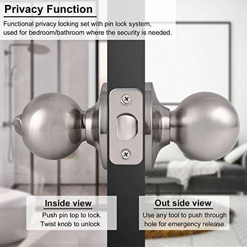 Knobonly Brushed Nickel Privacy Door Knobs Interior Keyless Door Lock Interior for Bathroom Bedroom Round Classic Door Handles, Door Knob Set of 1 6