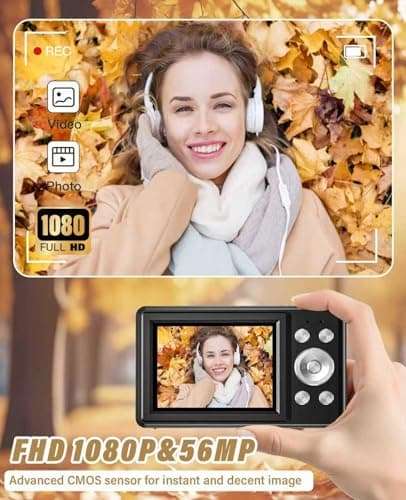 2025 New Digital Camera, 56MP FHD 1080P for Kids with 16x Digital Zoom Anti Shake, Face Detect, Smile Capture, 32GB TF Card, Battery, Lanyard, a Great Gift for Boys & Girls（Black） 3