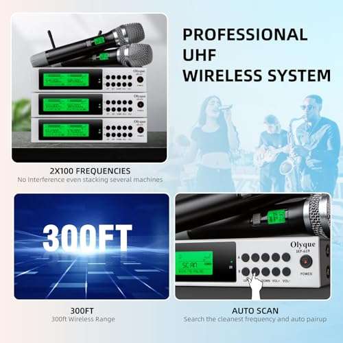olyque Wireless Microphones, All Metal Dynamic Professional UHF Dual Handheld Cordless Microphone, Auto Scan, 300ft for Parties, Events and Church(HP-619) 5