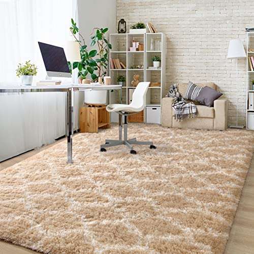 Keeko 5x8 Living Room Area Rug, Beige and White Fluffy Fuzzy Rug Rugs for Living Room Bedroom Modern Indoor Carpet Geometric Shaggy Large Area Rug for Nursery Kids Farmhouse Dorm Classroom Decor 2