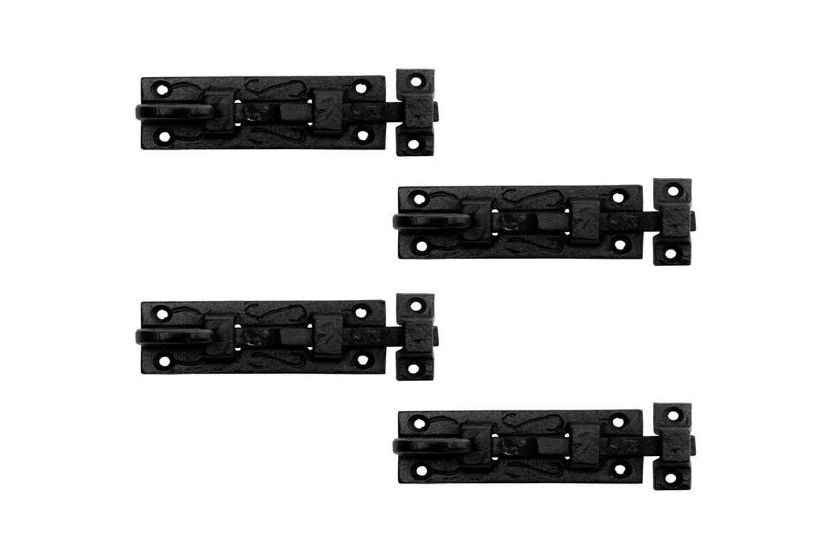 Renovators Supply Manufacturing Black Slide Bolt Door Latch 3 7/8 in. Long Wrought Iron Metal Surface Sliding Bolts with Catch for Cabinet Doors Rust Resistant Security Locks with Hardware Pack of 4 1