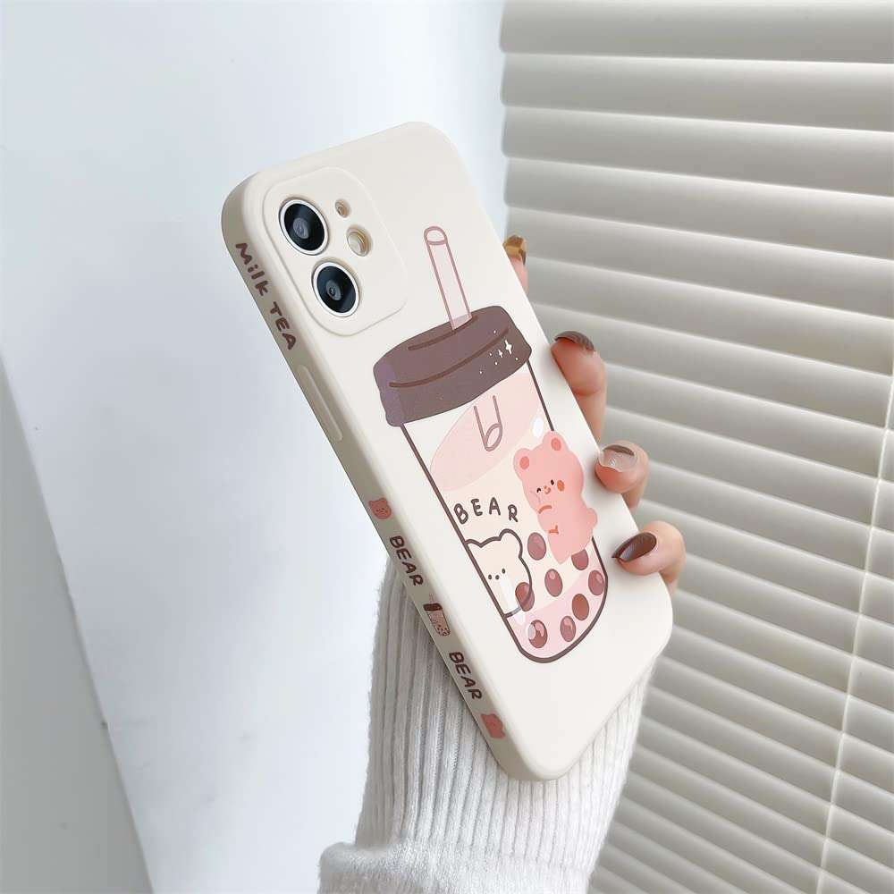 Cute Bear Milk Tea Drink Phone Case for iPhone 12 6.1 inch with Side Printing Special Slim Smooth Cover for iPhone 12 3