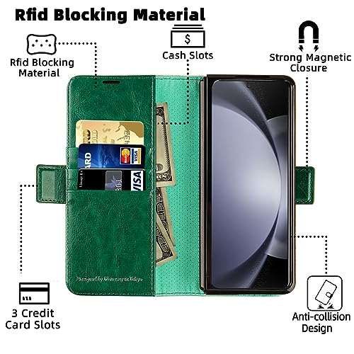 MONASAY Wallet Case Compatible for Galaxy Z Fold 5 5G with S Pen Holder, Flip Folio Leather Cell Phone Cover with RFID Blocking Credit Card Holder, Green 3