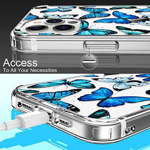 LUHOURI Designed for iPhone 12 Pro Max Case with Screen Protector - Crystal Acrylic Clear for Women and Girls - Slim Fit Protective Phone Cover 6.7" - Floral Blue Butterflies 6