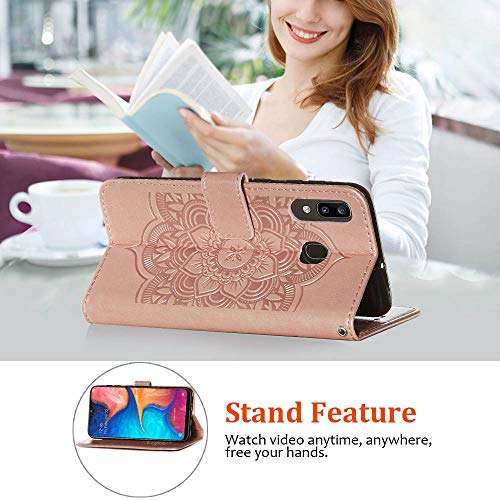 JanCalm Compatible with Samsung A20 Case,Galaxy A20 Case Wallet,Samsung A30 Case, Dream Catcher Pattern PU Leather [Wrist Strap][Card/Cash Slots] Stand Flip Cover for Girls Women (Rose Gold) 2