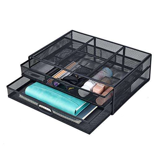 Monitor Stand Riser with Drawer - Metal Mesh Desk Organizer with Dual Pull Out Storage Drawer, Printer Holder with Pull Out Storage Drawe