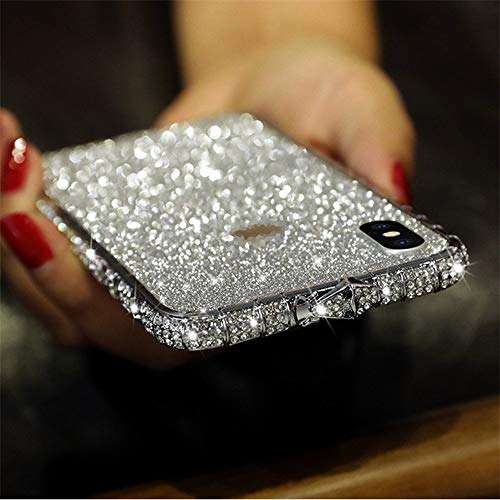 Case for iPhone Xs Max Cover,Girls Women Luxury Sparkly Bling Glitter Rhinestone Diamond Metal Button Bumper Case Cover & Shiny Glitter Sticker Protective Cover for iPhone Xs Max Diamond Case,Silver 3