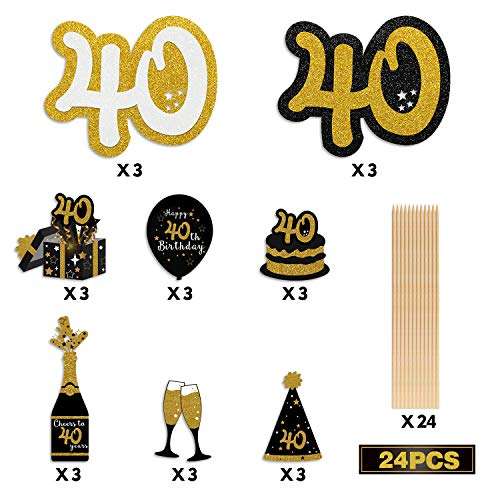 40th Birthday Party Centerpieces Black and Gold Themed Party Centerpieces Sticks Glitter Table Toppers Decorations Party Photo Booth Props Set of 24 3