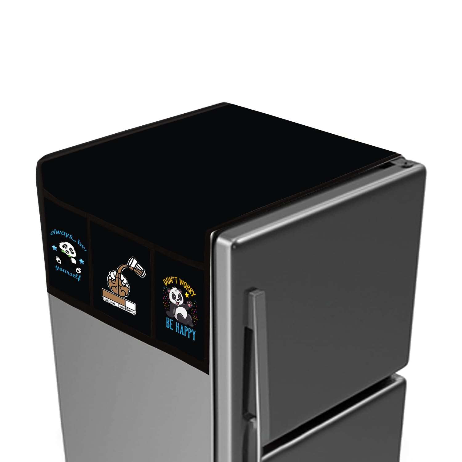 Hizing Anti Dust & Stain Free Waterproof Fridge Top Cover with 6 Utility Pockets Good for Top Double Door Solid Dont Worry/Createavity/Be Yourself Print (Black) 1