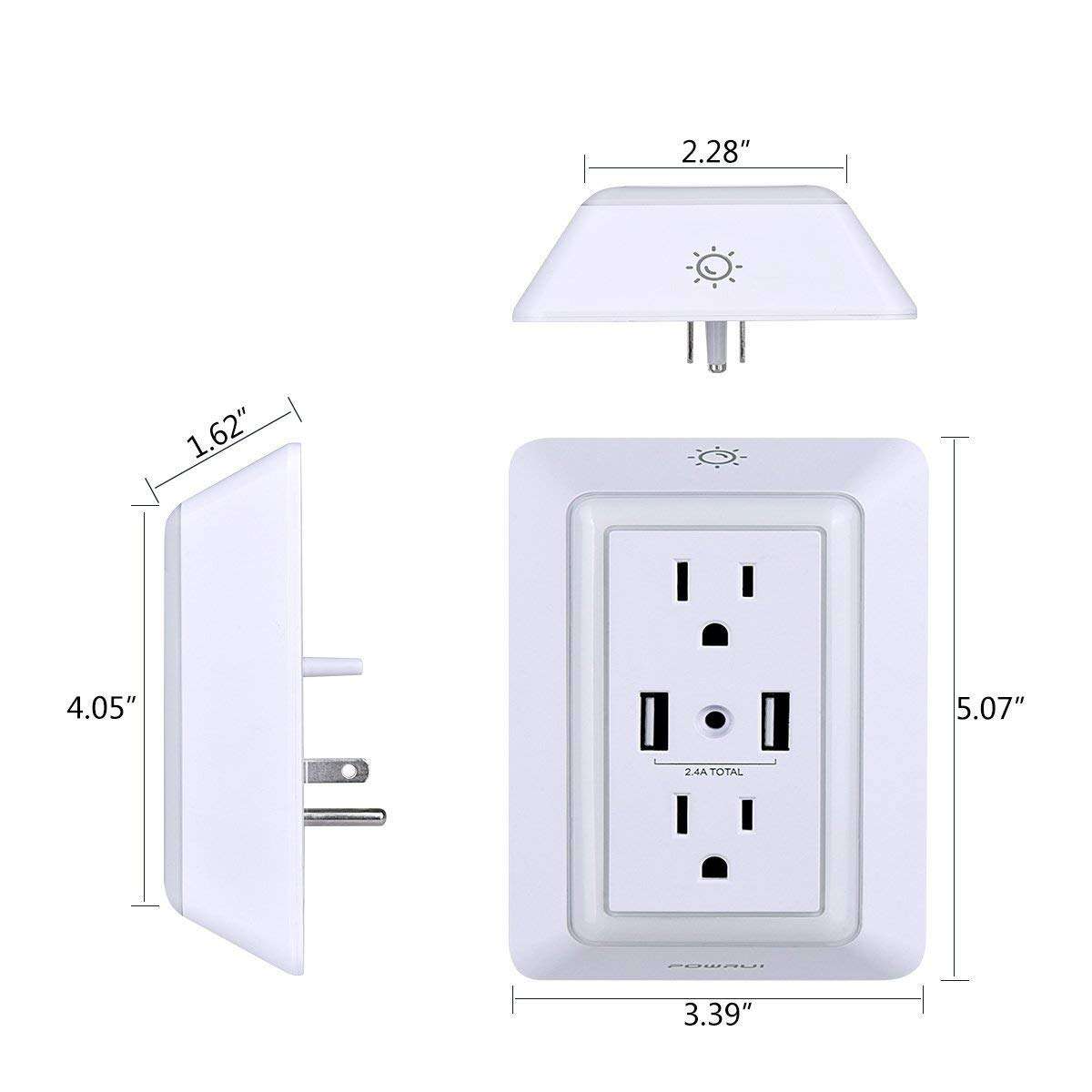 USB Wall Charger, Surge Protector, POWRUI USB Outlet with 2 USB Ports (2.4A Total) and Dusk-to-Dawn Sensor Night Light, 1080Joules, ETL Listed - White (2-Pack) 6