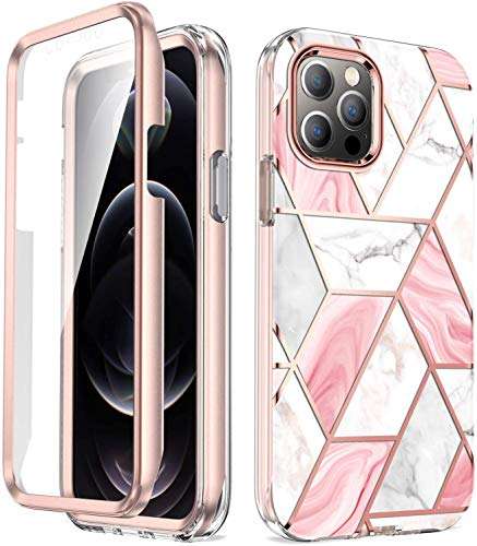 Troniker Stylish Bumper Case Designed for iPhone 12 Pro, Pink Marble iPhone 12 Case for Women Girls Boys Full-Body Protective Case Cover with Built-in Screen Protector 1