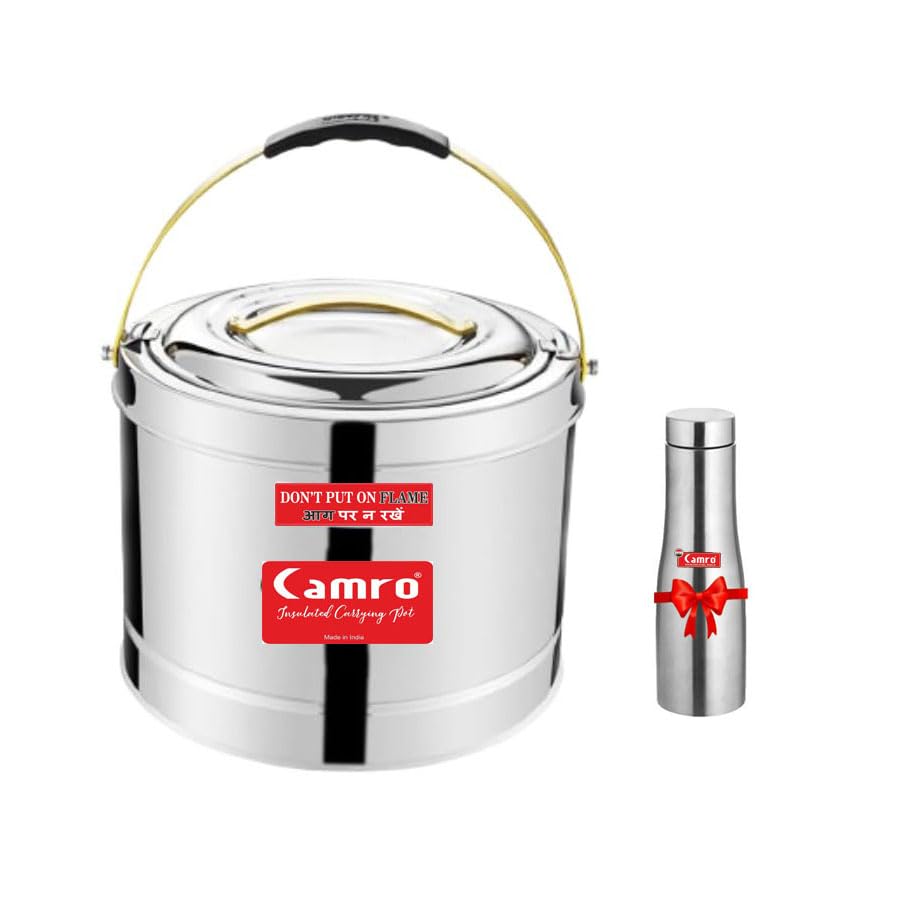 Camro Sambar Pot 5 Liters + Pyramid Bottle 1 Liters | Sambar Pot with Lid | Casserole for Cooking | Canteen & Hotel Casserole Container | Picnic Hot | Biryani Box Hot & Cold Serving
