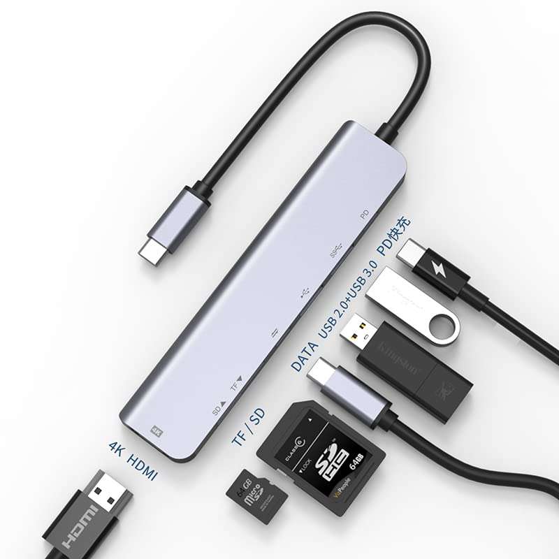 USB C Hub, 7 in 1 Type-C Hub Multiport Adapter with HDMI 4K@60hz Output, Power Delivery Type C Charging 7 Port Hub, USB Hub with SD Card Reader, 3.0 USB C Hub for Mac MacBook Pro XPS Surface Pro 2