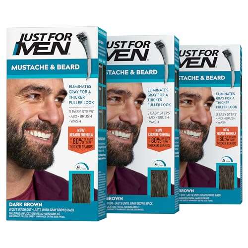 Just For Men Mustache & Beard, Beard Dye for Men with Brush Included, With Keratin Biotin Aloe and Coconut Oil for Healthy Facial Hair - Dark Brown, M-45, Pack of 3 (Packaging May Vary)