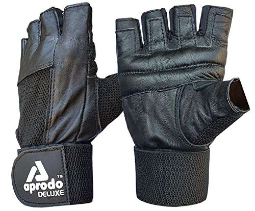 Aprodo All Leather Fitness Gym Gloves with Long Wrist Support (Black, Free Size) (Vintage Black) 1