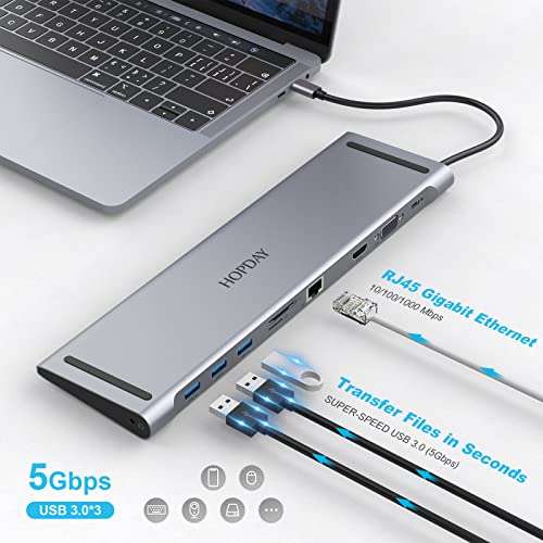 HOPDAY USB C Adapter - 10-in-1 Multiport Hub for MacBook Pro/Air - USB C Docking Station with Dual Display, USB Ports, HDMI, VGA, PD 100W, Ethernet, SD/TF Card Reader, 3.5mm Audio, Dongle for Laptop 4
