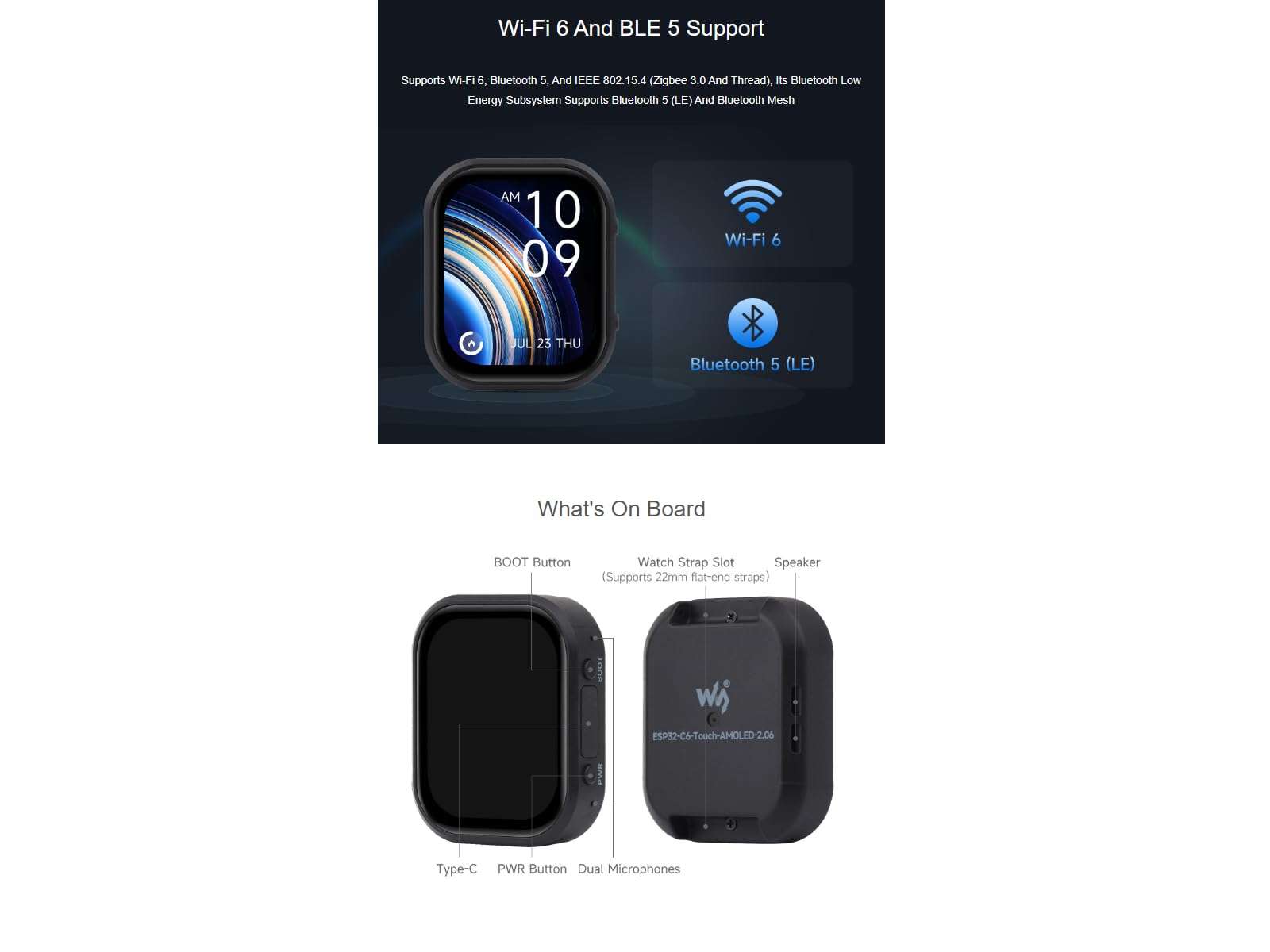 waveshare ESP32-C6 2.06inch AMOLED Touch Watch Development Board,410 × 502 Pixels Capacitive Touch Display,Supports WiFi 6 / Bluetooth 5 / Zigbee,Supports AI Speech Interaction 6