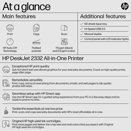 HP DeskJet 2332 All-in-One Printer, Print, Copy, Scan, Hi-Speed USB 2.0, Up to 7.5/5.5 ppm (black/color), 60-sheet input tray, 25-sheet output tray, 1000-page duty cycle, Color, 7WN44D 6