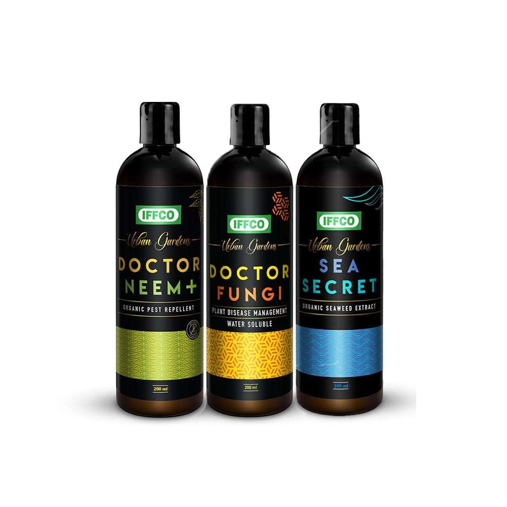 IFFCO Urban Gardens - Doctor Series + Growth Promoter Combo - 600 ML - Neem Oil, Fungi, Sea Secret - Organic Solution to Prevent All Soil & Plant Borne Problems and Improve Abiotic Stress Tolerance 1
