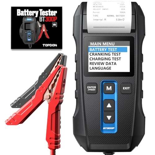 Car Battery Tester 12V 24V 100-2000CCA Lead-Acid Battery, TOPDON BT300P Alternator Tester, Load Tester, with Built-in Printer, Spark Free Metal Clamps, Automatic Reverse Polarity Protection 1