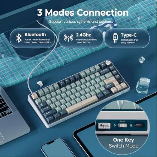 RK ROYAL KLUDGE R75 Wireless Mechanical Keyboard, 75% Percent Custom Gaming Keyboard Gasket Mount RGB Backlit with Knob & PBT Keycaps, BT5.1/2.4GHz/USB-C, Hot Swappable Cream Switch 3