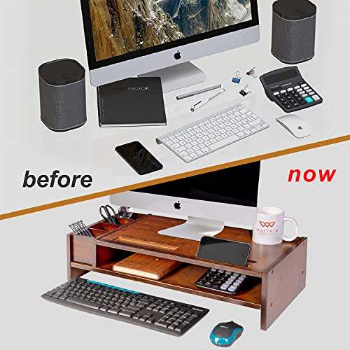 WAYTRIM 2-Tier Bamboo Monitor Stand, Wood Computer Monitor Riser, Wooden Desk Organizers with Adjustable Storage Accessories Shelf for iMac, Laptop, Printer - Classic Antique Brown 5