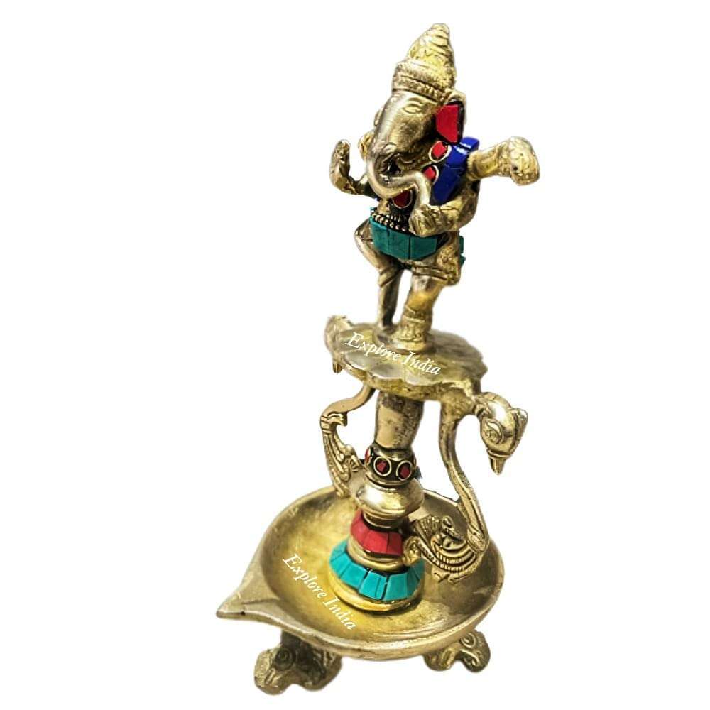 EXPLORE India Brass Dancing Ganesh Diya Stand | Lord Ganesh Statue | Multicolor Stone Work Decorated Ganesh Deepam | L?W?H - 3.5?4?8 in inches, Wt. - 870 GMS 4