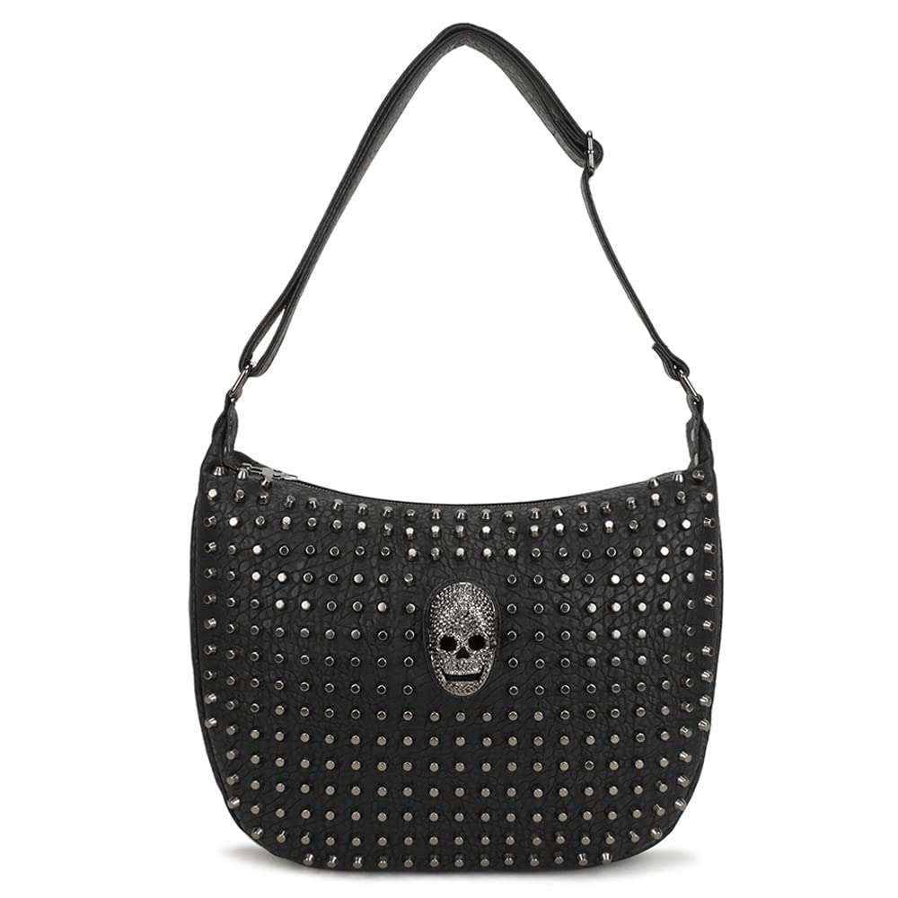 Vintage Handbags for Women Leather Hobo Bags Skull Rivet Purse Shoulder Bag Satchel Messenger Bag Crossbody Bag-Black 1