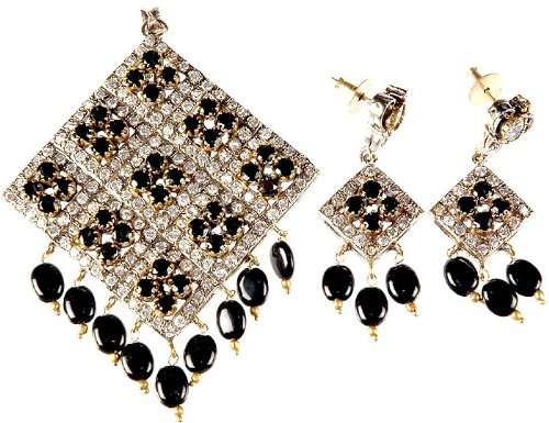 Exotic India Black Onyx Rhombus Pendant with Matching Earrings - Copper and Metal