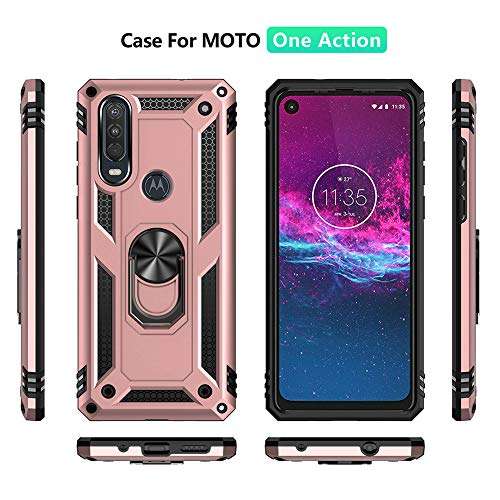 Asuwish Phone Case for Moto One Action with Tempered Glass Screen Protector Cover,Magnetic Ring Holder Stand Kickstand Motorola P40 Power Moto40 40Power 1 Cases Shockproof Women Men Pink Rose Gold 4