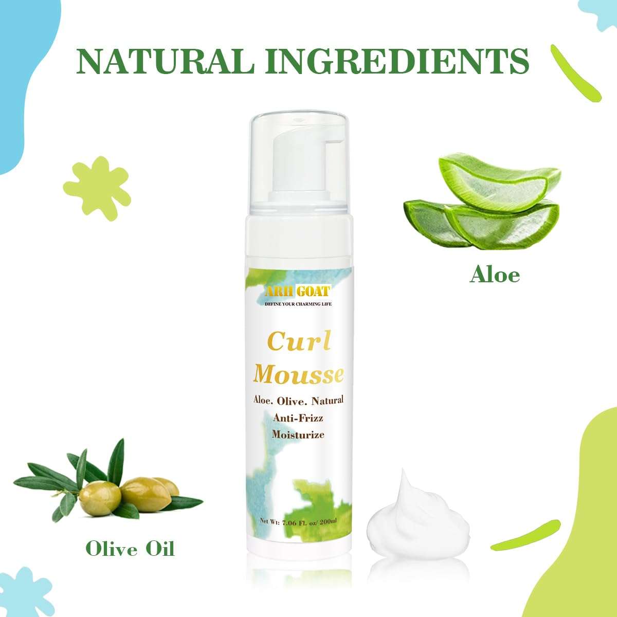 ARHGOAT Coconut & Aloe Hair Mousse for Curl, Curls Foam for Frizz Control & Wavy Define, 7.06oz, with Professional Hair brush Air Cushion Massage for Hair Growth and Styling, Smoothing Hair 3