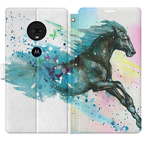 Mertak Wallet Case Compatible with Motorola Moto G8 Play Plus Power G7 One Folio Slim Fit Art Horse Running Stallion Flip Painting Watercolor Animal Lightweight Cover Card Holder Magnetic 3