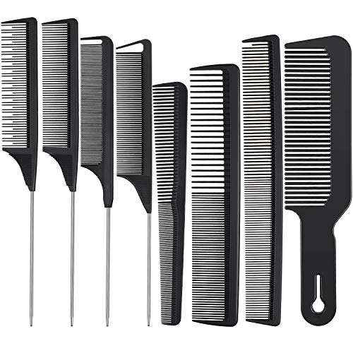 8 Pieces Rat Tail Combs Barber Comb Set Clipper Flattop Barber Comb Carbon Lift Teasing Combs and Heat-Resistant Fiber Cutting Comb for Men Women Styling Comb 1