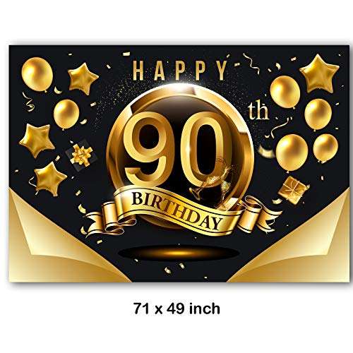 Happy 90th Birthday Backdrop for Men Women | 90 Birthday Backdrop Background Banner 90th Anniversary Backdrop | Happy 90th Birthday Photo Backdrop Banner Wall Decorations Black and Gold 71 x 49 inch 3