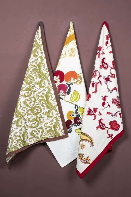 CONTRAST LIVING Dilu Hand Block Printed Kitchen Towel/Dish Towel/Hand Towel Multi Color Set of 3 Pcs 1