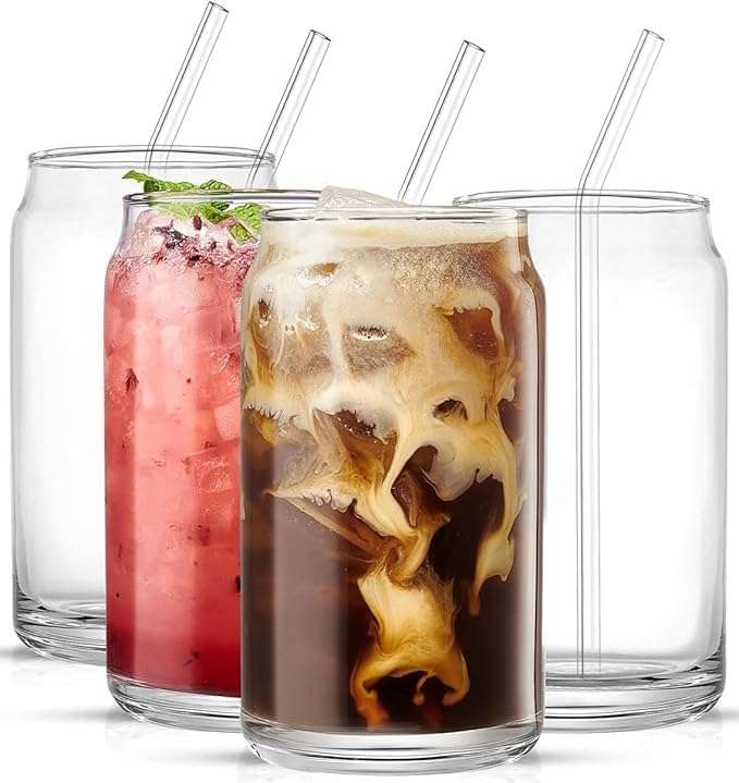 Dakshayanii Drinking Glasses with Bamboo Lids and Glass Straw, Can Shaped Glass Cups Juice Glasses Ice Coffee Glasses Cute Tumbler Cup - 500ml, (Set of 6) 4