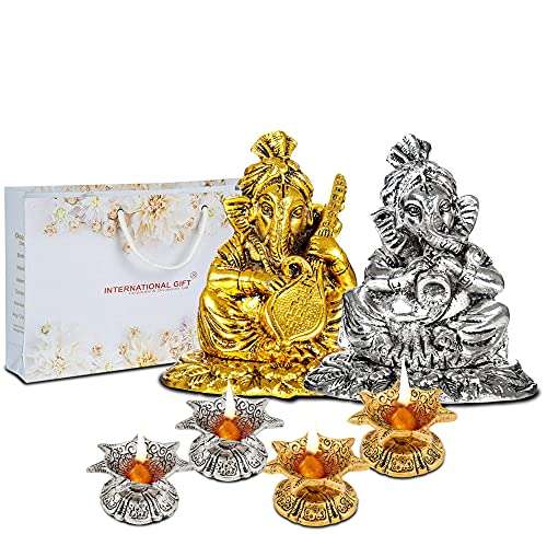 Silver Ganesh with Shehanais and Golden Ganesh with Sitar Instrument Statue Oxidized Finish with Beautiful Gift Box Packing and with Carry Bag and 4 pics jyot Set (11.5 Cm X 11 Cm X 9.5 Cm