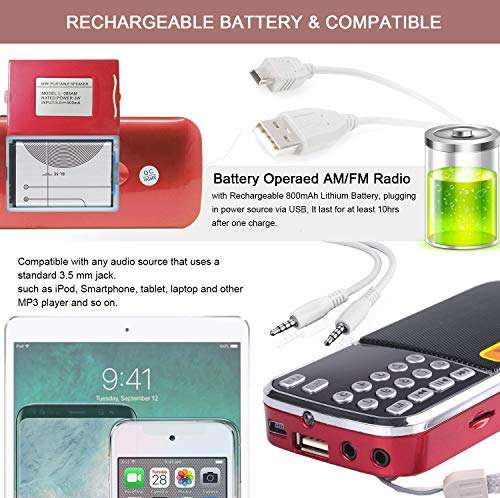 AM FM Radio Portable, Mini Digital Radio Speaker Music Player with Best Reception, Automatic/Manual Search, Radio with Micro SD/TF Card Slot, USB Rechargeable Battery, by Aocome (Red) 2